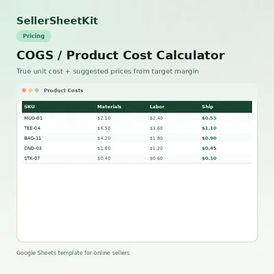 COGS / Product Cost Calculator spreadsheet preview
